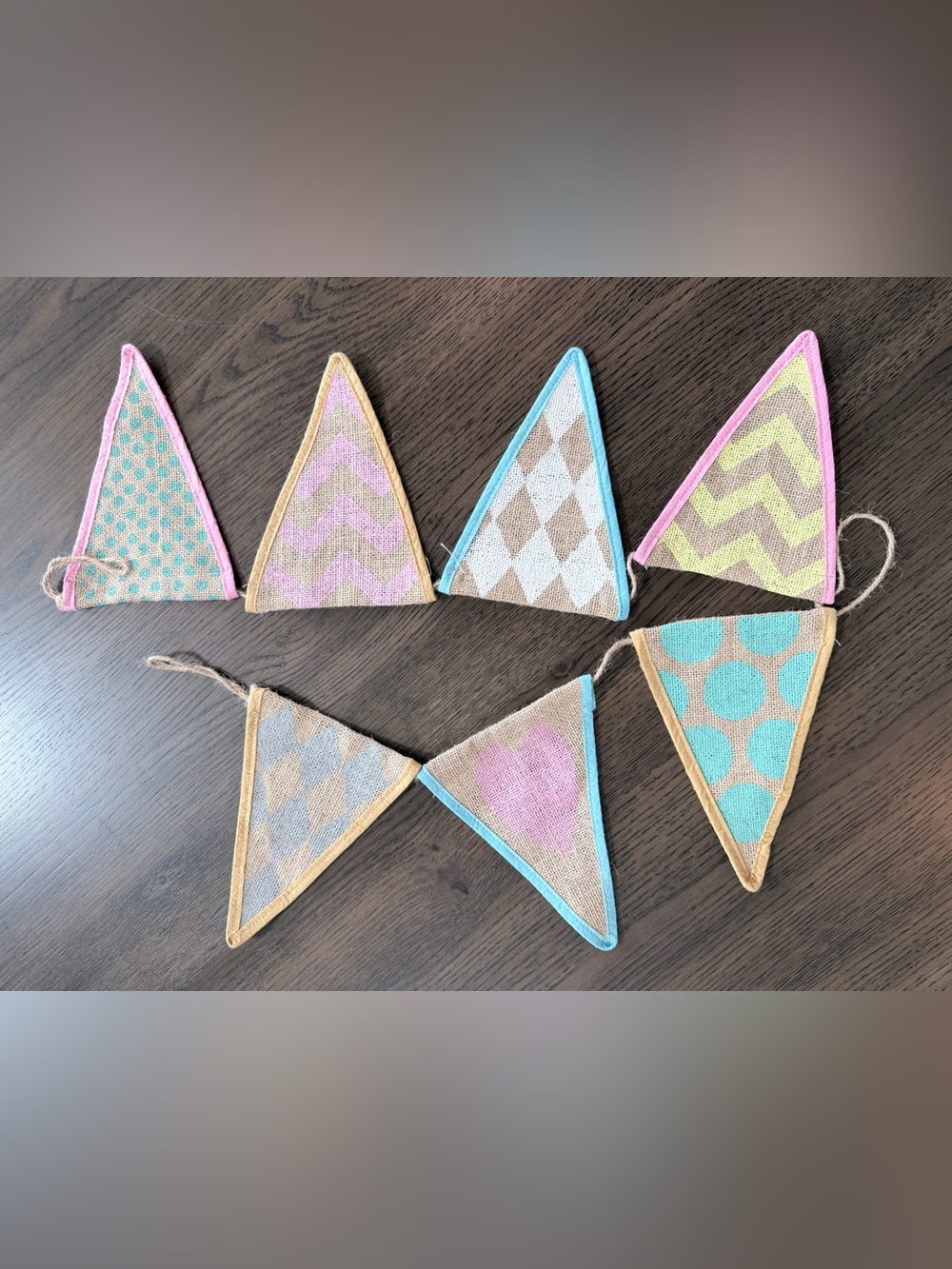 Pastel Burlap Triangle Banner Garland - Pink, Blue, Tan, Yellow - 4.5 ft